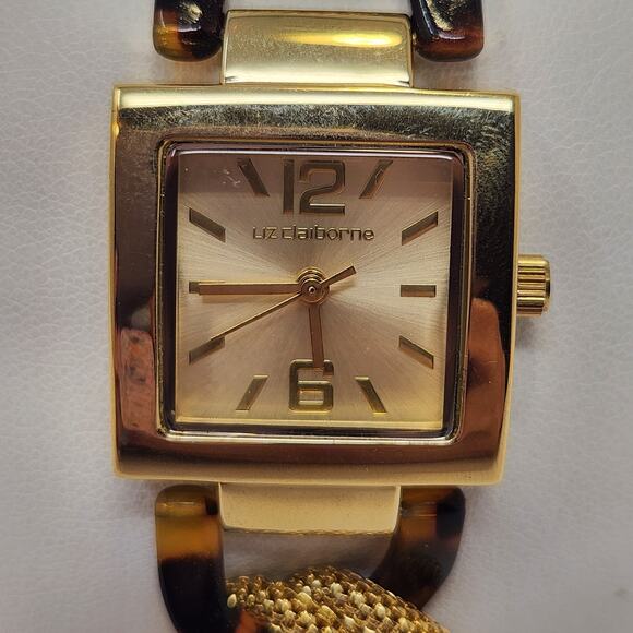 Liz Claiborne Gold Tone Mesh Tortoise Print Watch Bracelet New Battery Works - Picture 1 of 6